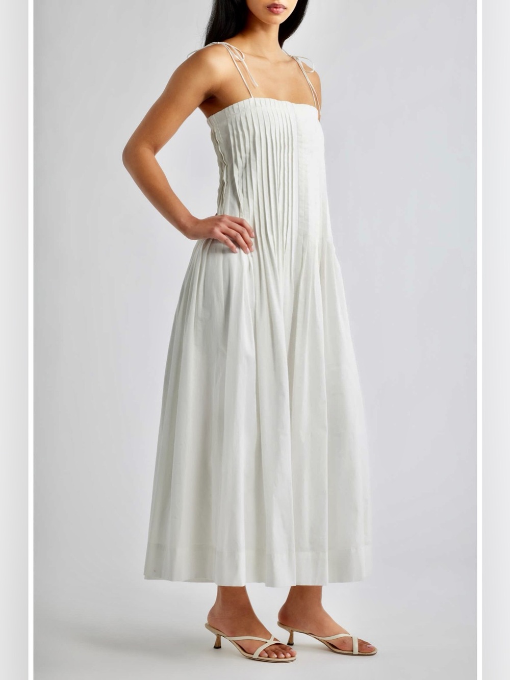 Anthropologie- Moon River White Pleated cotton flowy Tie-Strap maxi dress